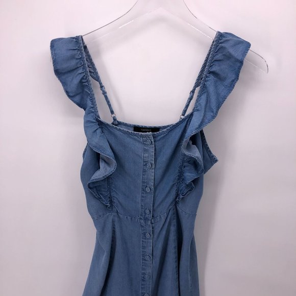 Forever 21 Small Mini Sundress Dress Ruffle Button Front Chambray Blue - Picture 10 of 15
